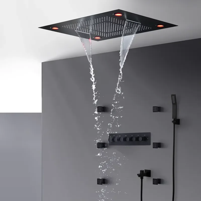 MATTE Black Shower Faucets 31'' Large Rainfall LED Waterfall Massage Shower Set Bathroom Thermostatic 5 Ways Mixer