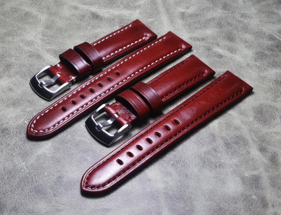 20mm 22mm Luxury Burgundy Handmade Thick Cowhide Leather Watchband Vintage  Derma Bracelet Fashion Wrist Band Strap Accessories