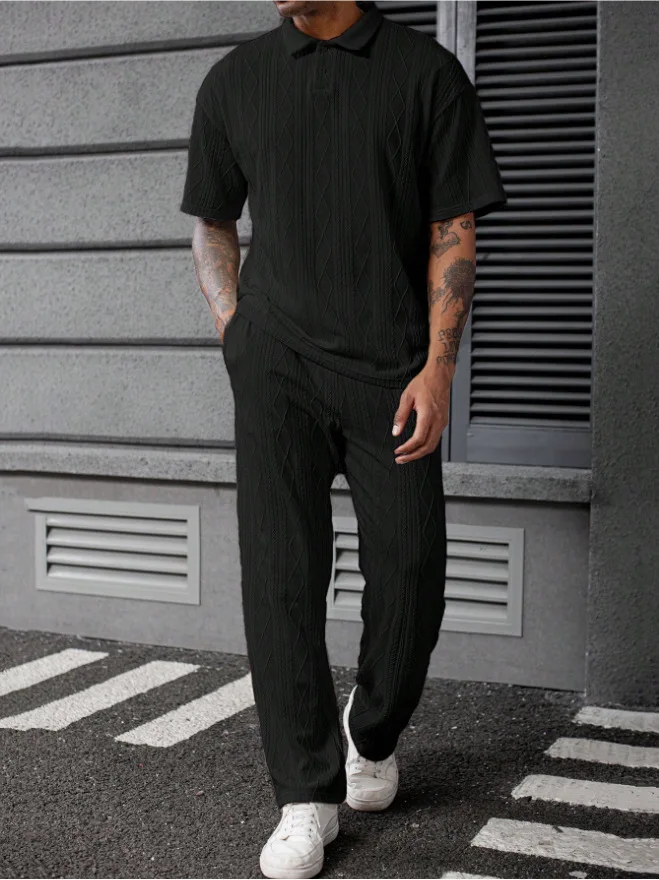 Summer Men Solid-color Jacquard Trousers Suit 2025 New Fashion Line Texture Casual lapel Short-sleeved POLO shirt Two-piece set