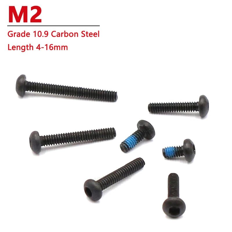 30/50/100pcs M2 Round Head Hex Hexagon Socket Screw Grade 10.9 Carbon Steel Length 4/5/6/7/8/9/10/12/14/16mm DL Rustproof Black