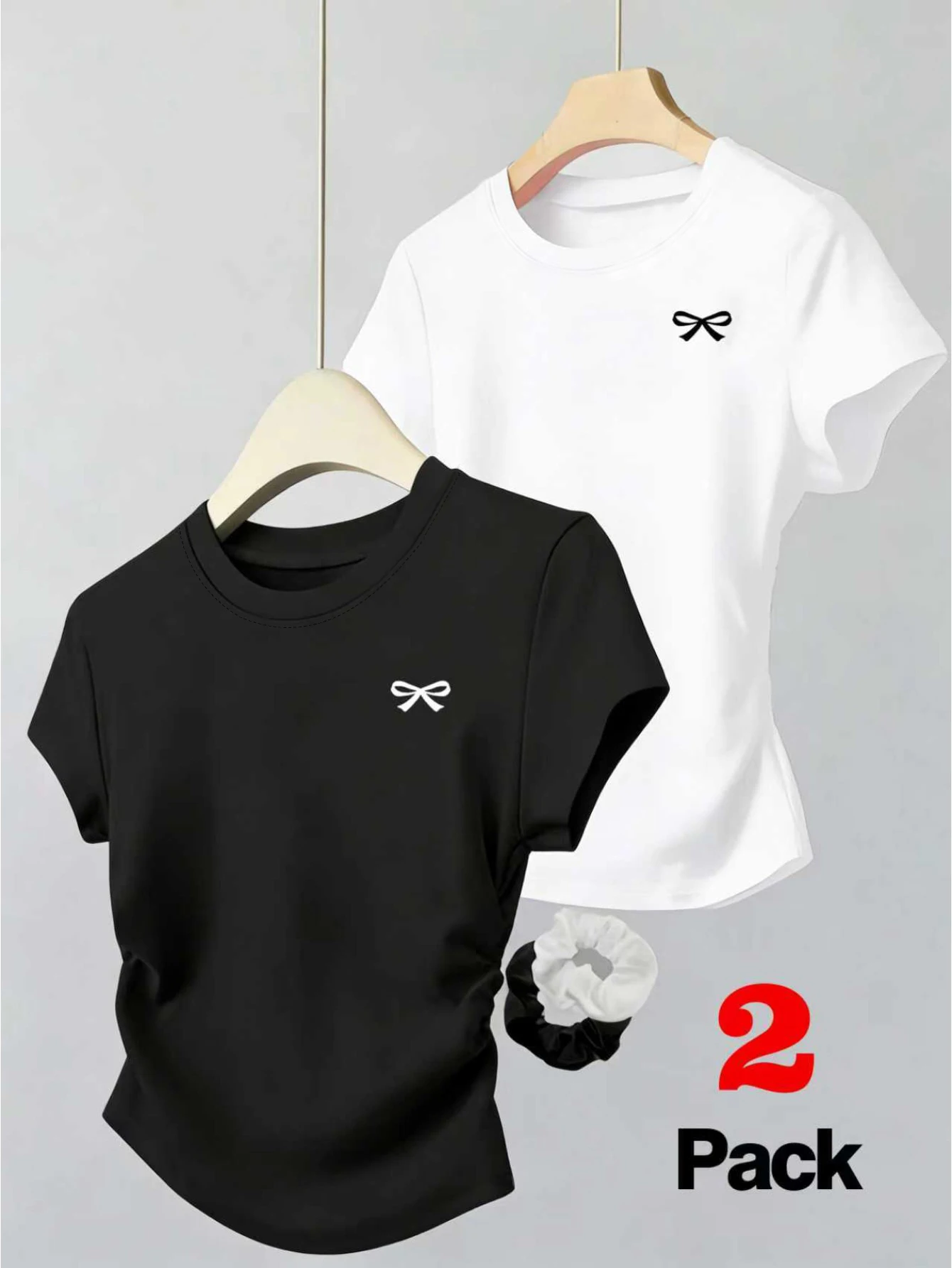 Teen Girls T-Shirt Bow Print Cute 2 Pack Hair Scrunchies 13-16Y Summer School Daily Outfit Soft Comfy Kids Trendy Best Gift