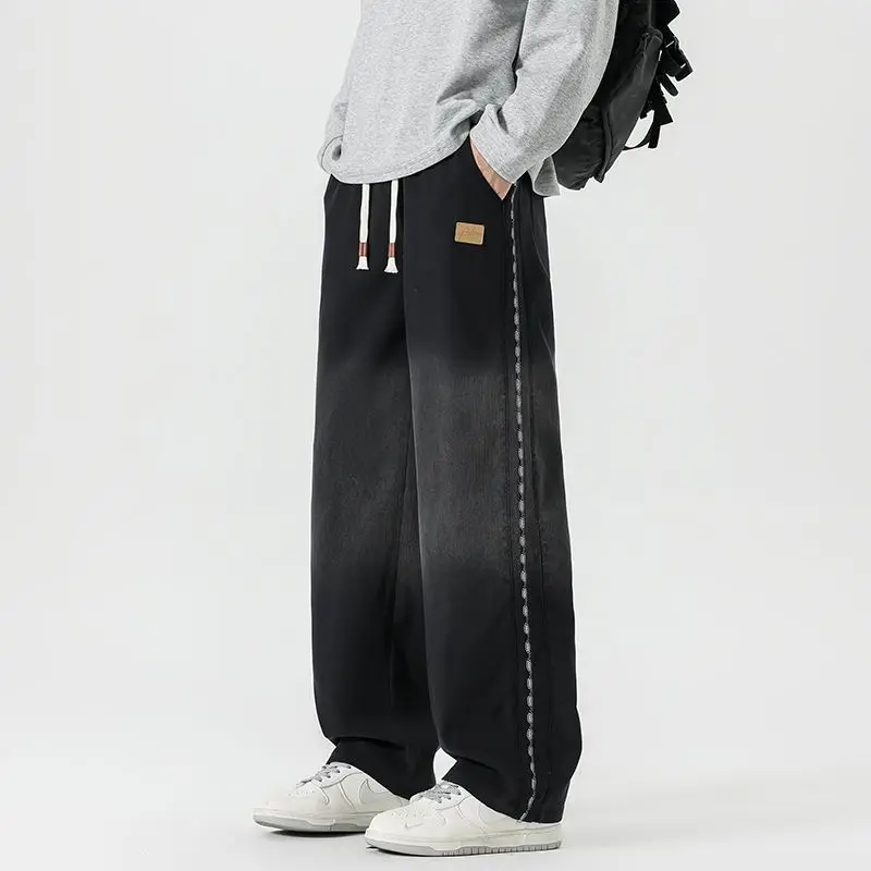 Autumn Winter Thick Lyocell Fabric Jeans Men Baggy Straight Wide Leg Pants Elastic Waist y2k Jogging Casual Trousers Plus Size