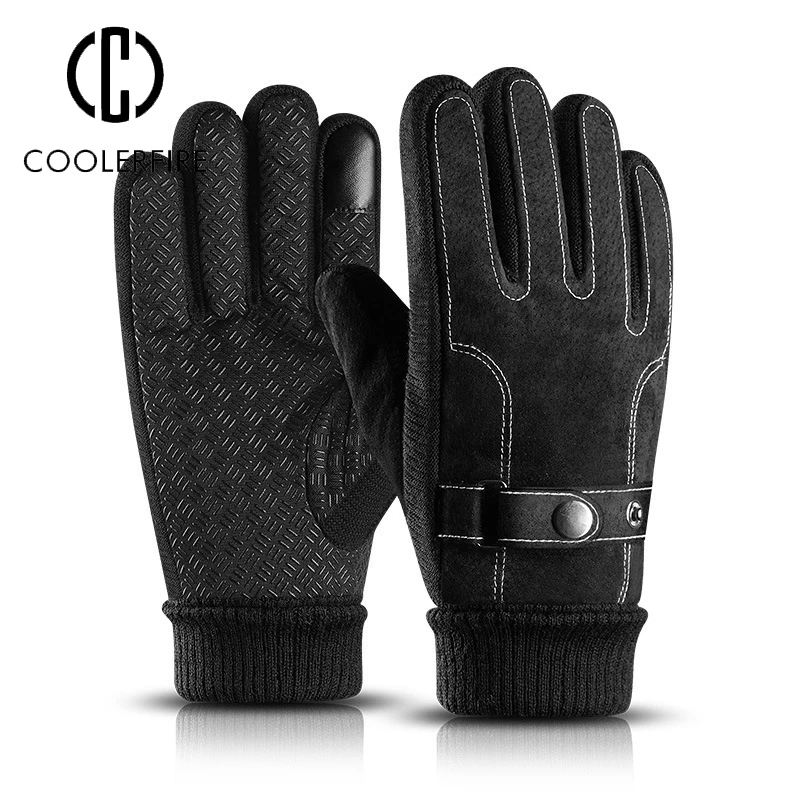 Guantes de cuero genuino para hombre, manoplas casuales cálidas para pantalla táctil, para deportes al aire libre, de dedo completo, ST030, Invierno