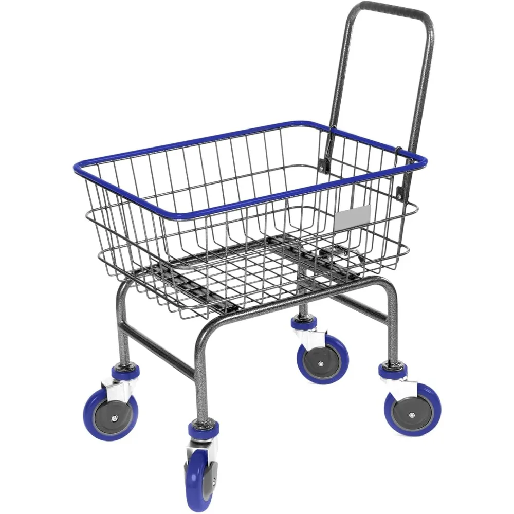 Laundry Cart with Wheels, Metal Wire Basket, Heavy Duty Utility Cart (Blue)