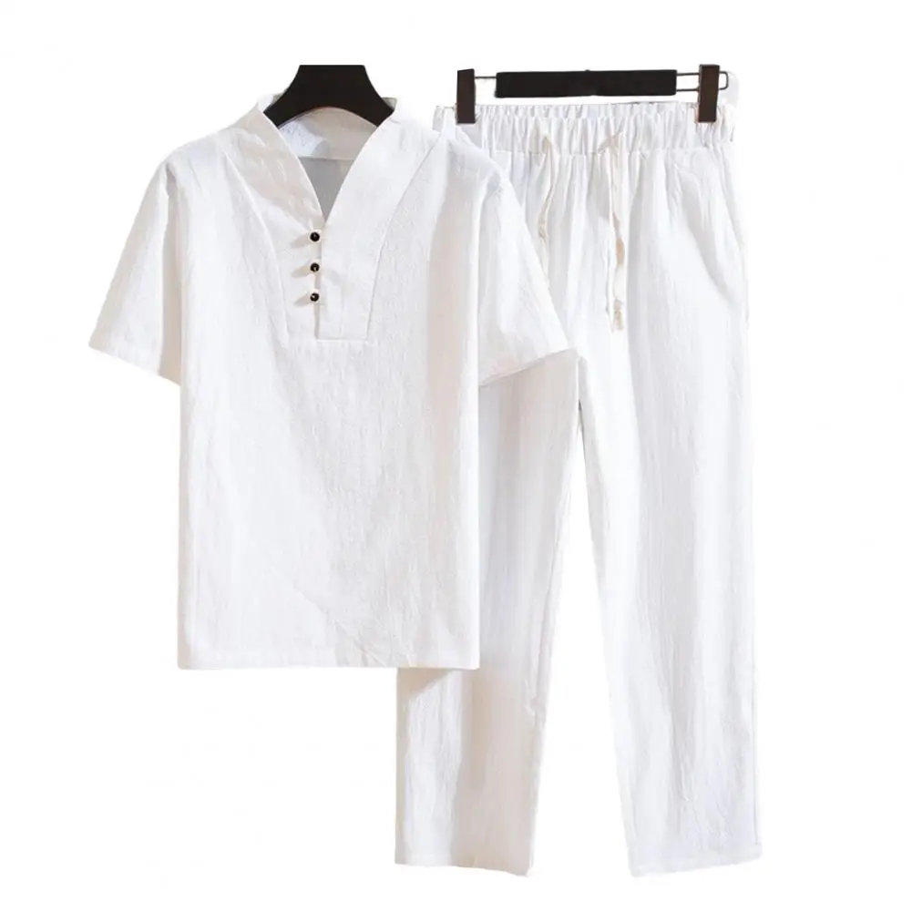 New Arrival Men's Cotton and Linen Short Sleeve T-shirt+Ankle Length Pant Set Solid Shirt+Trousers Home Suits Male Size M-3XL