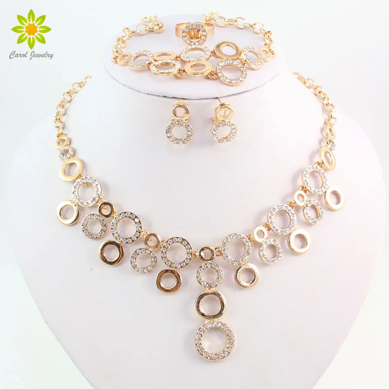 

Women New Fashion Gold Color Jewelry Sets Rhinestone Circles Necklace Set Dubai Bridal Wedding Accessories