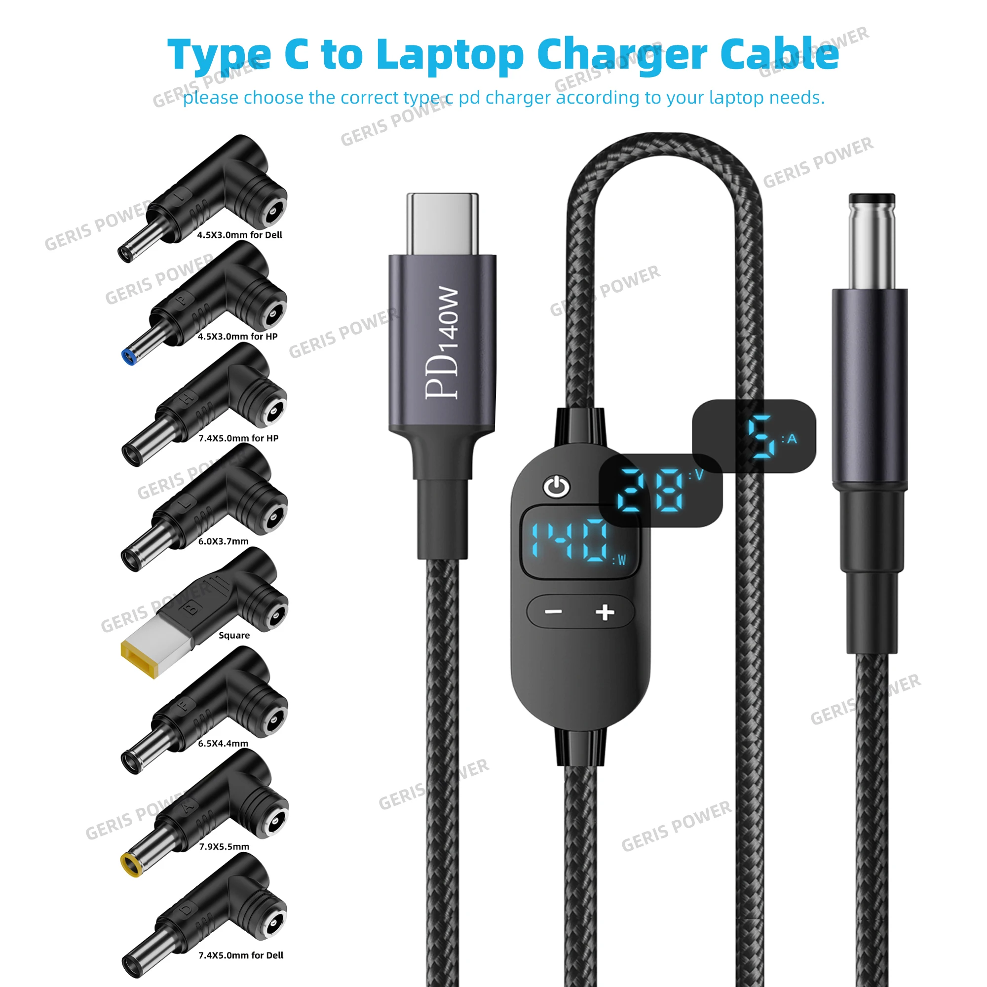 L​ED Display USB C PD to DC 140W Laptop Power Cable for Lenovo Dell Type C to 5.5X2.5mm 5V 9V 12V 20V Adjustable Voltage Adapter