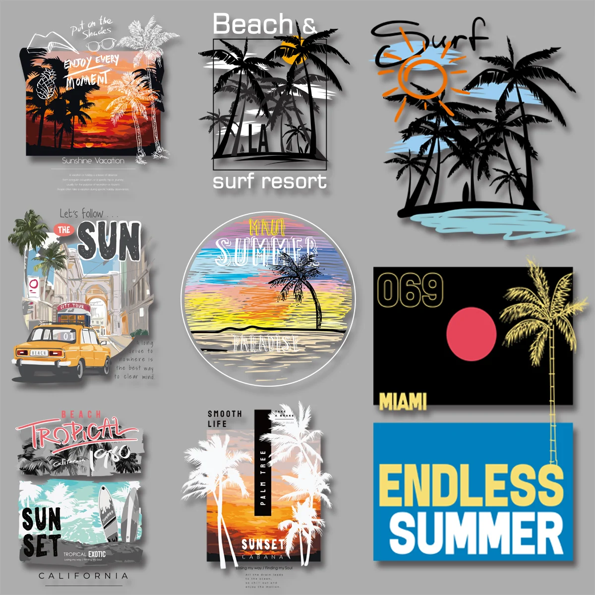 Stylish Summer Beach Coconut Tree Sunset Surf Letter \