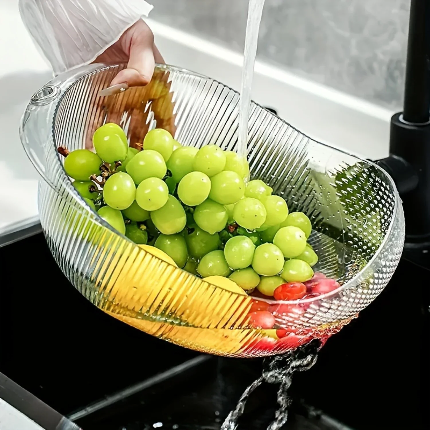 Kitchen Colander with Fine Mesh, Easy-Grip Handles for Fruits & Vegetables - Durable Pet Rice Washing Basket