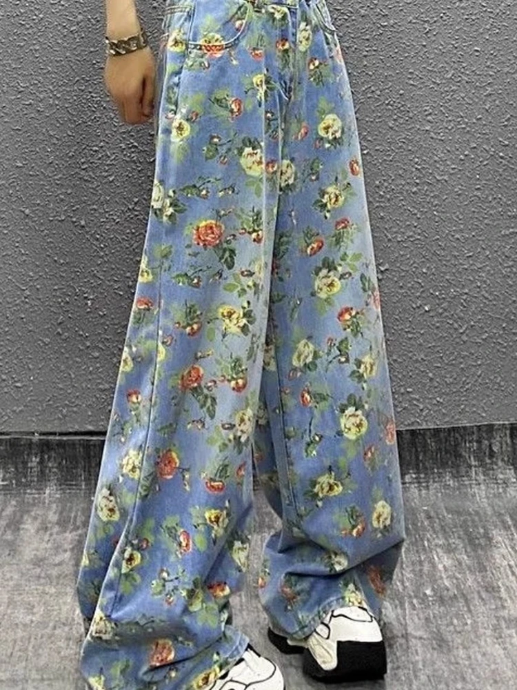 

Женские джинсы с высокой талией и цветочным принтом, свободные широкие джинсовые брюки в стиле ретро, новинка 2025, модные летние прямые брюки Y2k