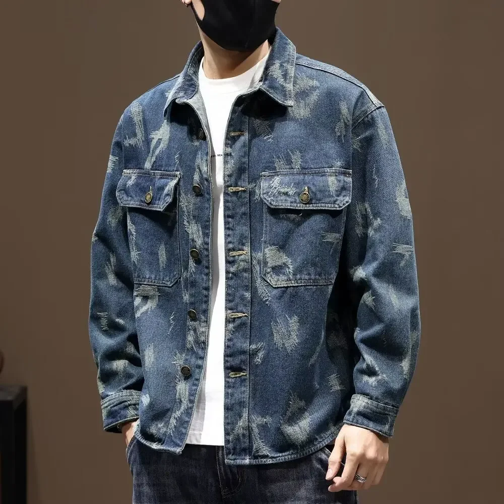 2024 Plus Size Loose Fit Denim Jacket Men's Vintage Jacquard Spring Autumn Trendy Fat Shirt Wear Resistant Casual Shirt