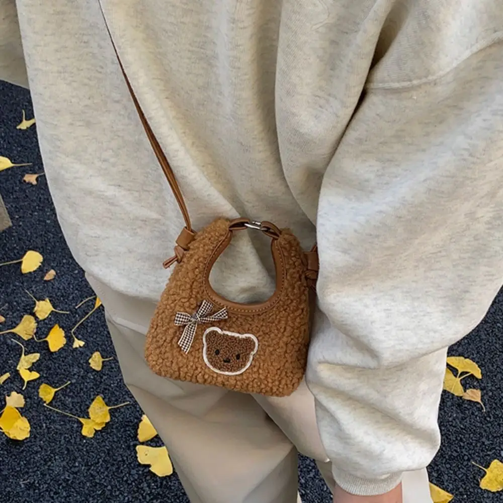 クリエイティブでキュートなクロスボディバッグ、漫画風ラムウールベアボウハンドバッグ、軽量ミニショルダーバッグ、学生向け