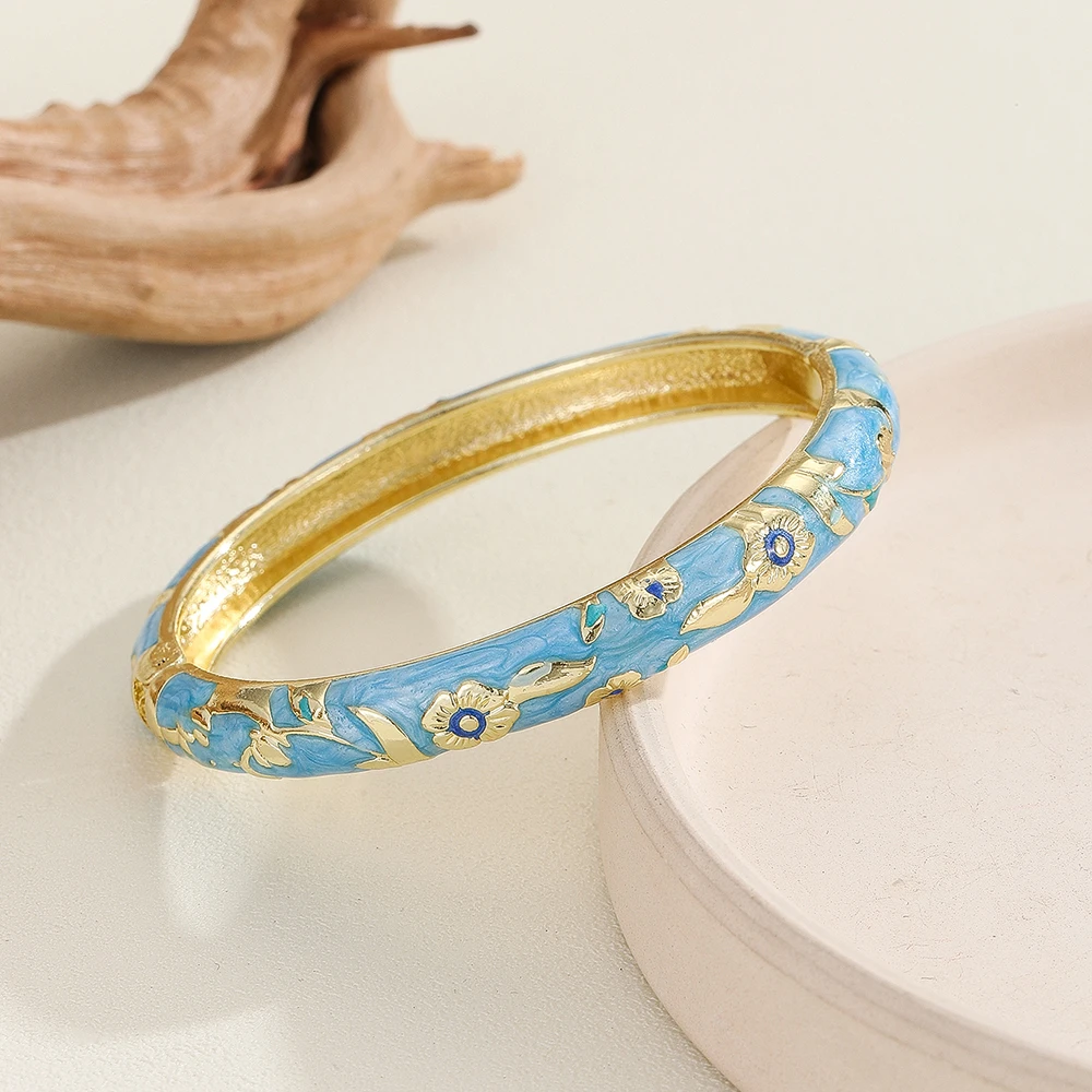 Fashion new ethnic style gold plated flower pattern enamel cloisonne bracelet bangle jewelry gift item for girls women