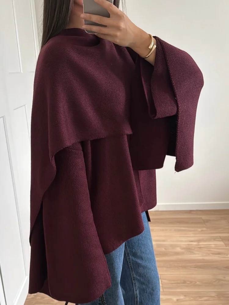 2024 Burgundy Women\'s Chic Scarf Collar Jackets Autumn Fashion Long Sleeved Casual Loose Coat New Ladies Elegant Street Outwear