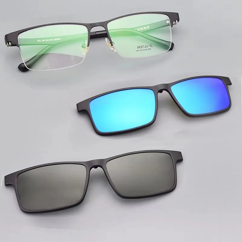 Half Frame Glasses Men Buckle Polarizing Clip on Sunglasses Magnet Stainless Steel Blue Glasses Frame Driving Prescription