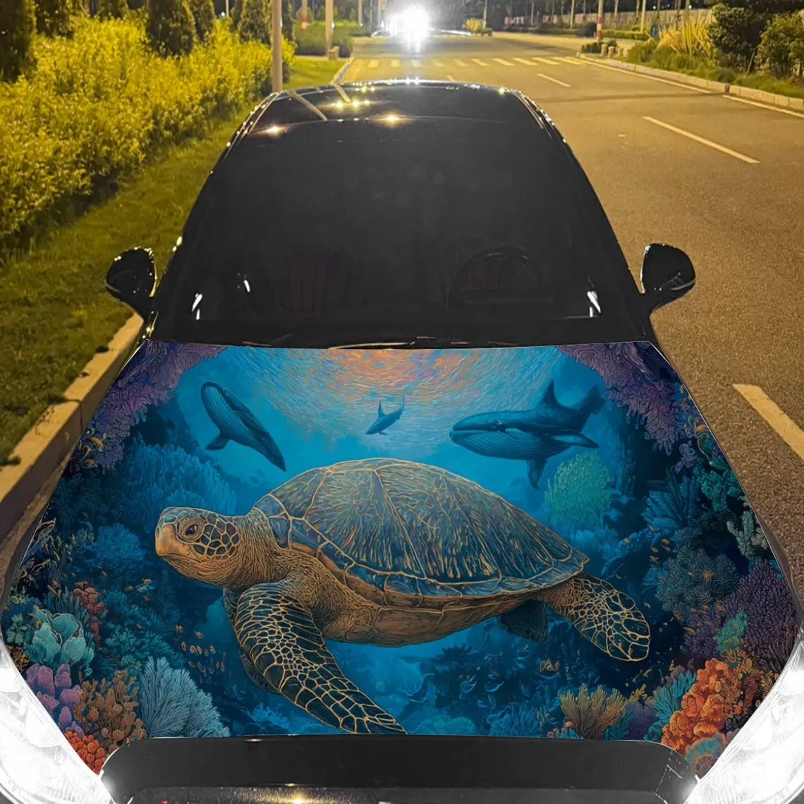 Lively Sea Turtle with Fish Car Hood Stickers - Self-Adhesive, Waterproof and Durable Vinyl Wrap, Decorate And Protect Your Car,