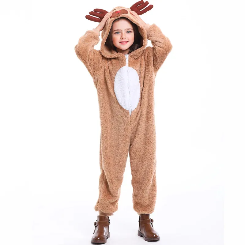 Kids Christmas Party Reindeer Costume Brown Deer Onesie Plush Cartoon Animal Jumpsuit Pajamas