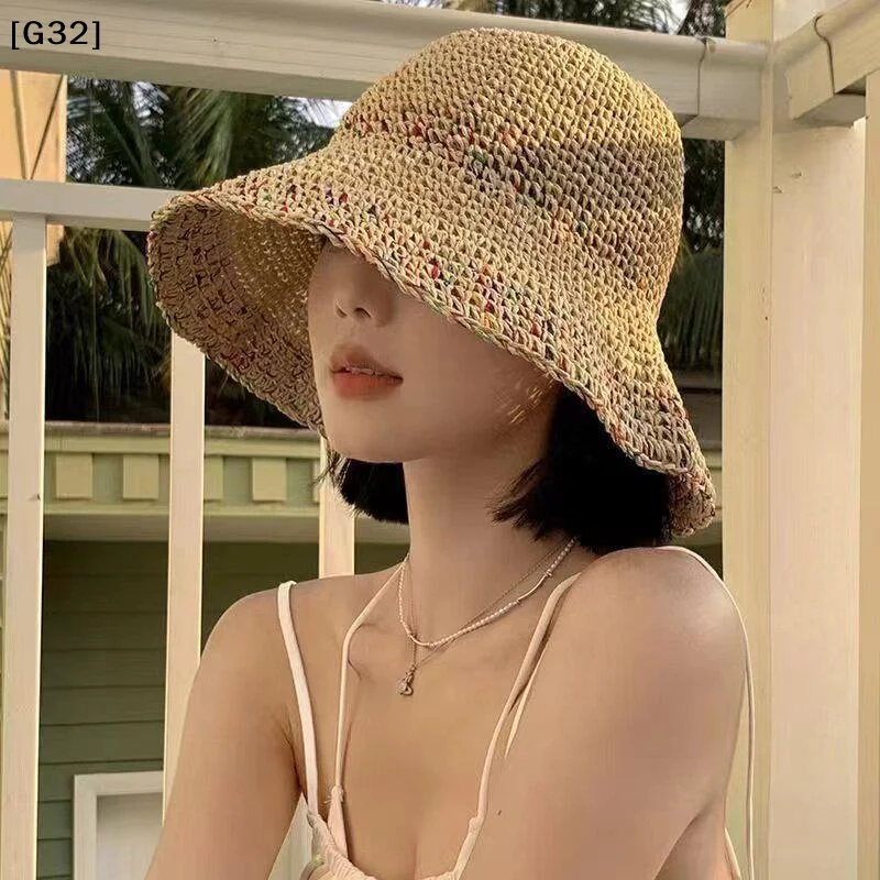 Handwoven Rainbow Straw Hats Women Korean Summer Breathable Fisherman Caps Wide Brim Girl Beach Cap[G32]