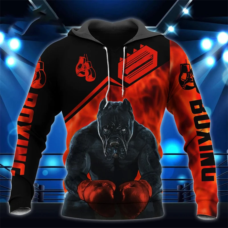 Men's Boxing Fitness Hooded Sweatshirt for Training - Fashionable 3D Muay Thai Fighting Dog Winter Autumn Daily Outfit
