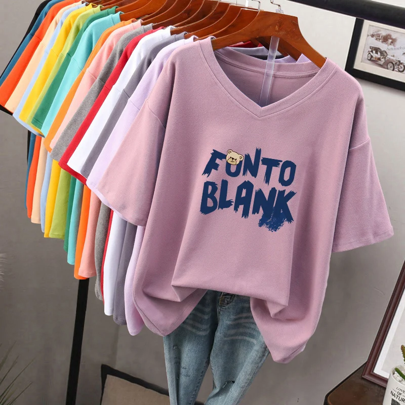 เสื้อยืดคอวีผ้าฝ้ายแท้ทรงหลวมขนาดพลัสสำหรับผู้หญิงแฟชั่นฤดูร้อนเกาหลี Sle f Sve Body Slimming Top