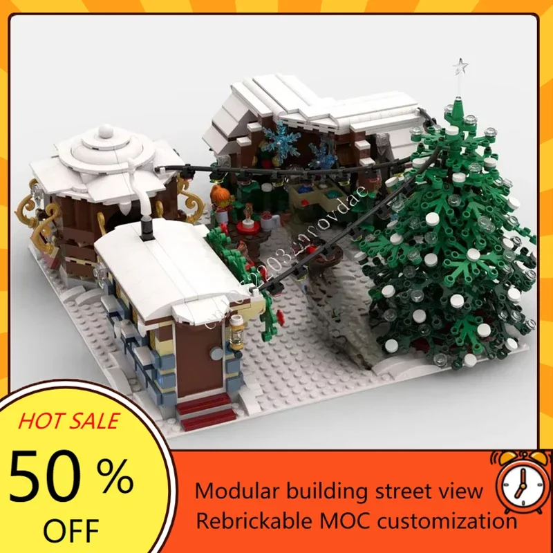 1302 Uds. Pueblo de invierno mercado de Navidad MOC vista de calle creativa modelo de bloques de construcción arquitectura DIY juguetes de modelos de ensamblaje regalo