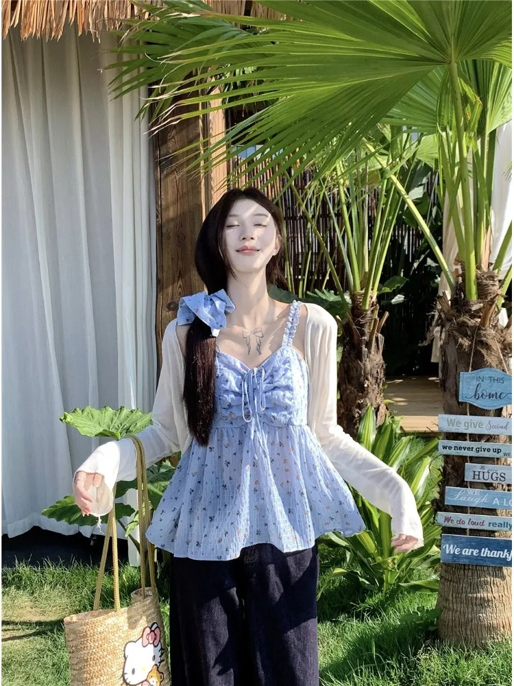 

Sweet Large Size Women's Floral Print Tank Top And Cardigan Set Korean Style Slimming Waist Design Summer Fashion plus Size