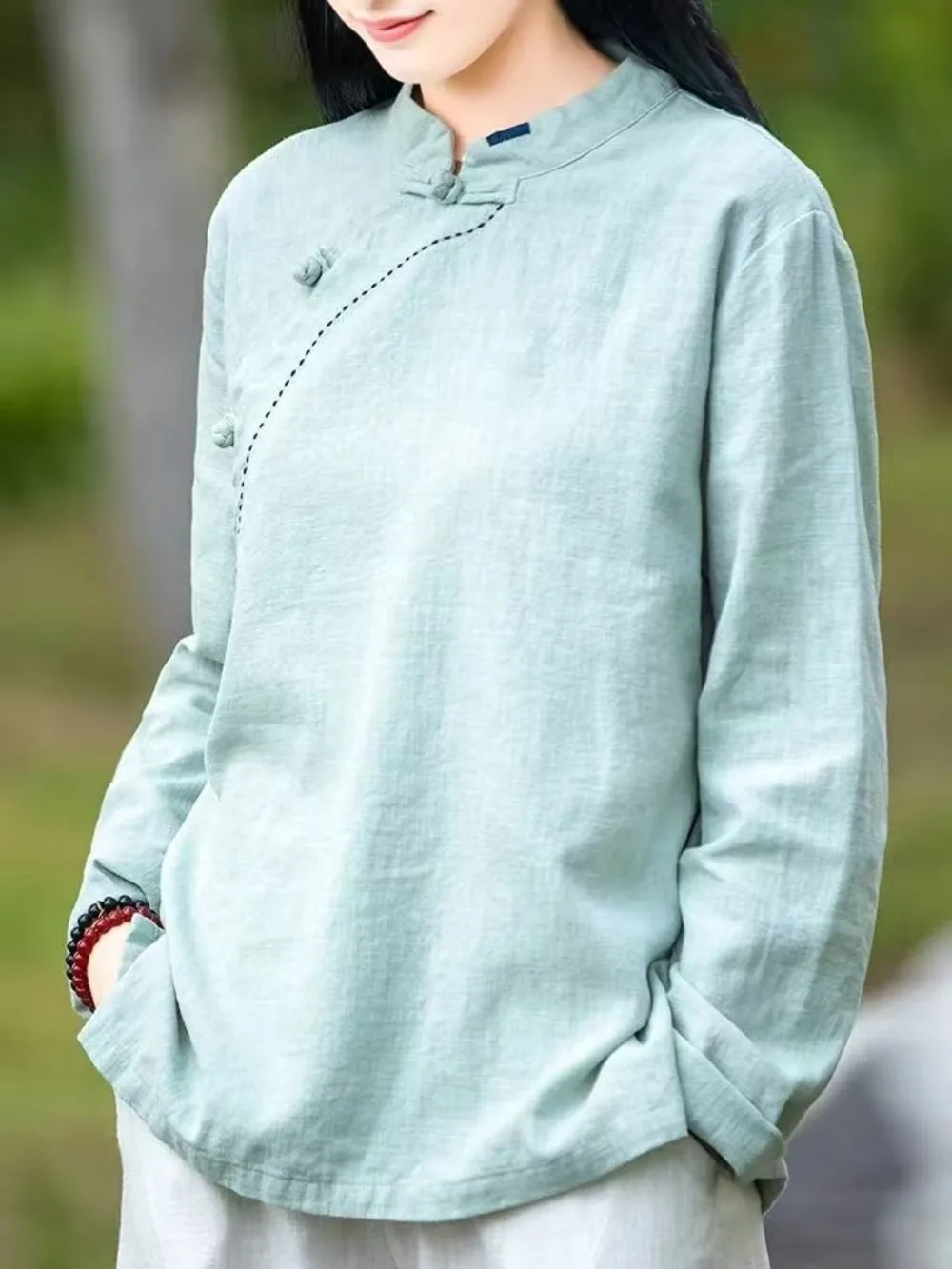 جديد الخريف تي شيرت مع التصميم الصيني للمرأة تنفس السيدات القطن قميص كتان بلوزة الصينية التقليدية Hanfu بلوزة