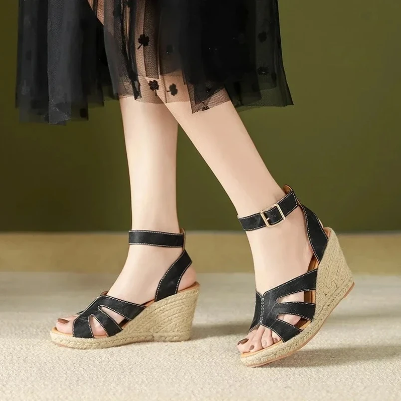

2025 Big size 43 leisure straw platform wedges high heels ankle-strap women sandals female summer shoes woman