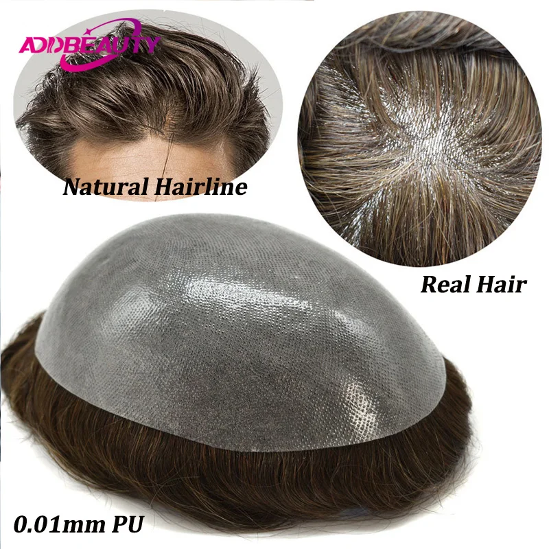 

SKIN Men's Wigs 0.1cm Full PU Men's Capillary Prothesis Vloop Thin Skin Natural Human Hairpiece 100% Real Human Hair System Unit