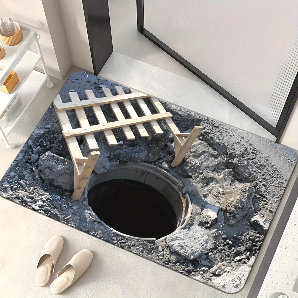 1pc 3D Illusion Pit Hole Broken Ground Ladder Printed Floor Mat, Decorative Area Rug for Entrance, Porch, Home Decor