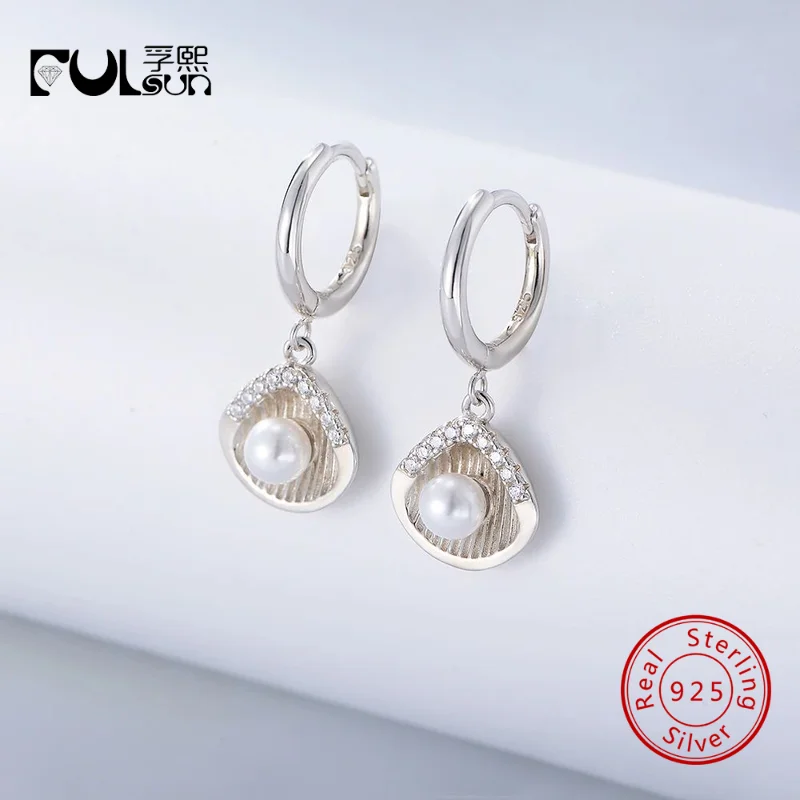 925 Sterling Silver 14K Gold Rhodium Plated Huggie Hoops Shell Pearl Paved CZ Dangle Women Ocean Daily Fine Jewelry