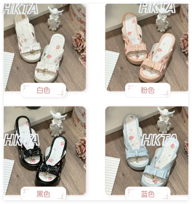 Japanese Summer Slippers Pendant Lolita Shoes Clogs Sweet Kawaii Polka Dot Bow Print Thick Bottom Wedge Lolita Slippers Women