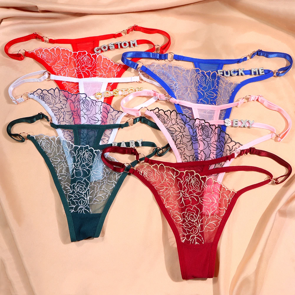 Custom Name Thong Sexy Lace Bikini Crystal Letter Panties Personality G-String Low Waist Briefs Sexy Body Jewelry Lovers Gifts