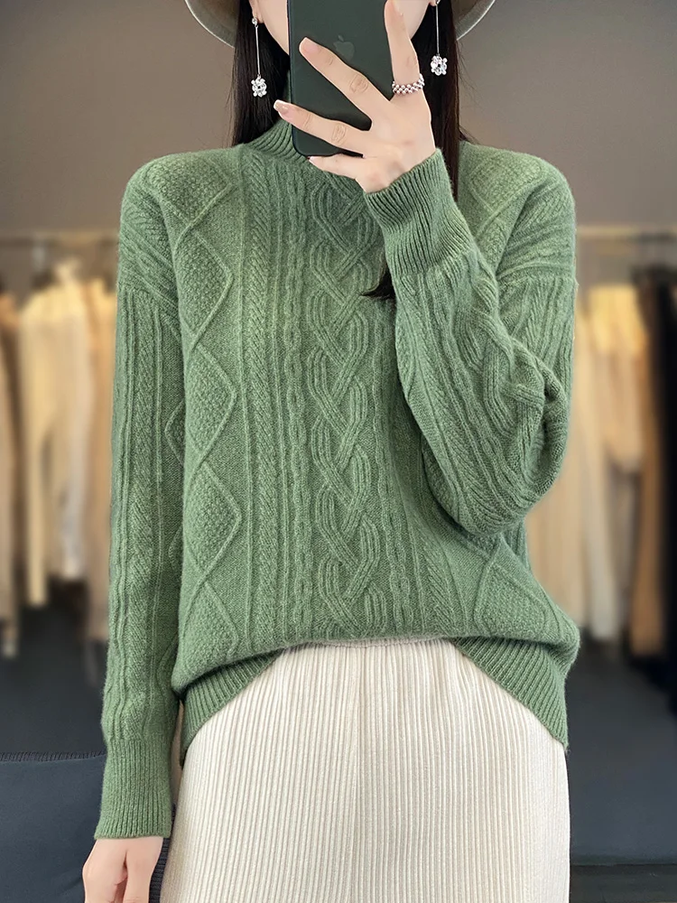 

New Chic Women 100% Merino Wool Pullover Autumn Winter Turtleneck Cashmere Sweater Cable Stitch Knitwear Luxury Soft Warm Tops