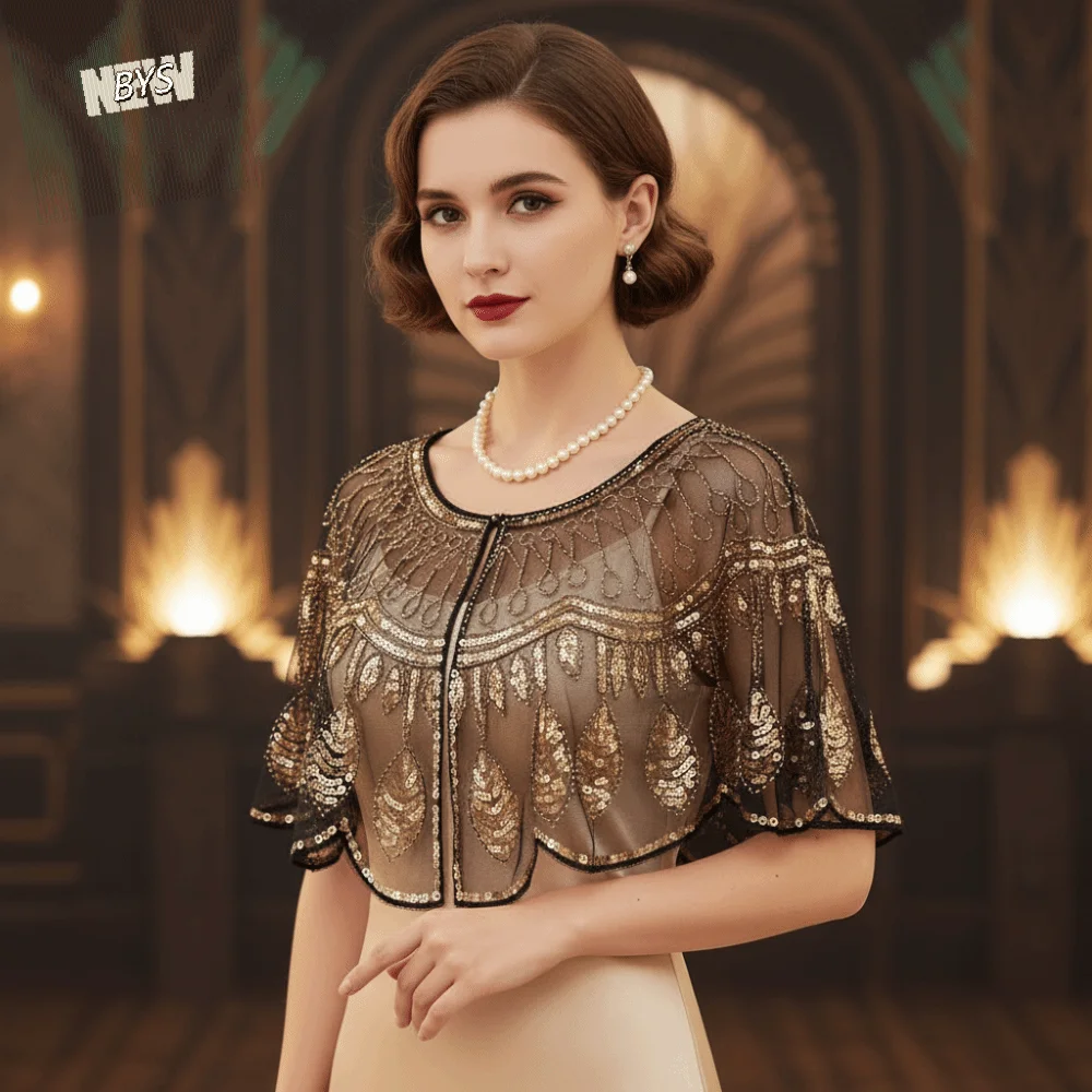 

Ретро-пальто-пончо с пайетками, блестящая вышивка, короткая накидка с пайетками и бисером, ажурная шаль в стиле флэппер