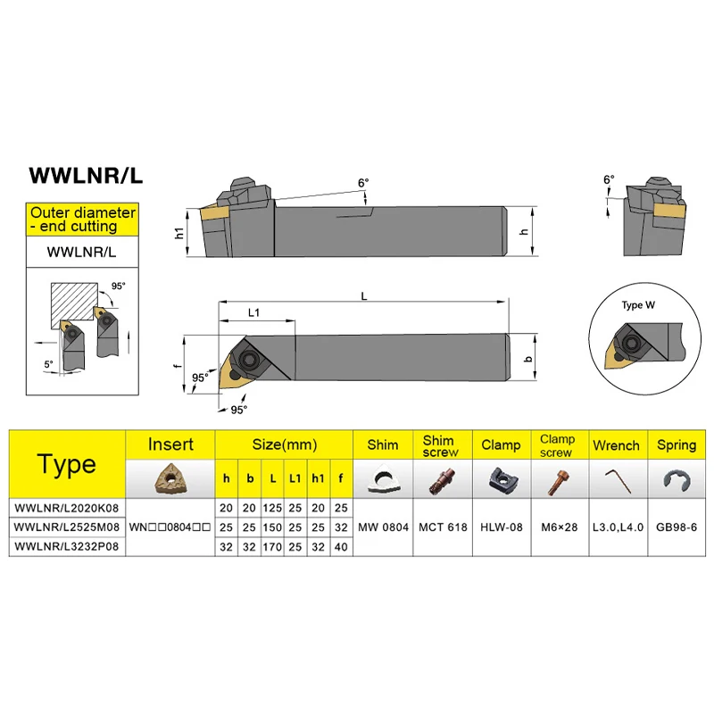 TULX 1pc WWLNR2020 WWLNR2525 WWLNR3232 External Turning Tool Holder WNMG Carbide Inserts WWLNR Lathe Bar CNC Cutting Tools Set
