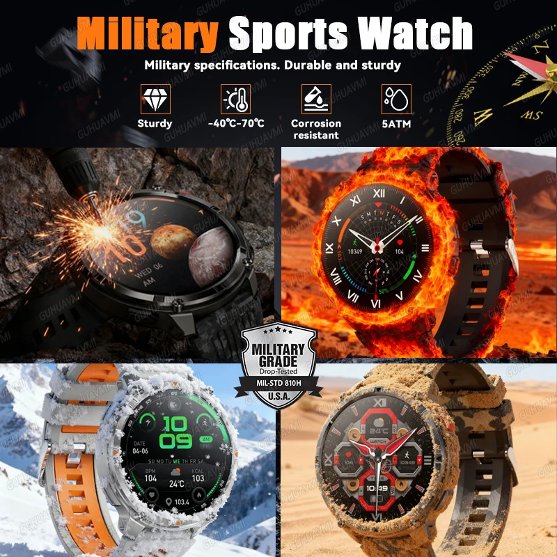 2026 Neue 1,7-Zoll-Militärsport-Smartwatch 1100 mAh großer Akku Outdoor-Kompass-Taschenlampe 5ATM wasserdichte BT-Anruf-Smartwatch