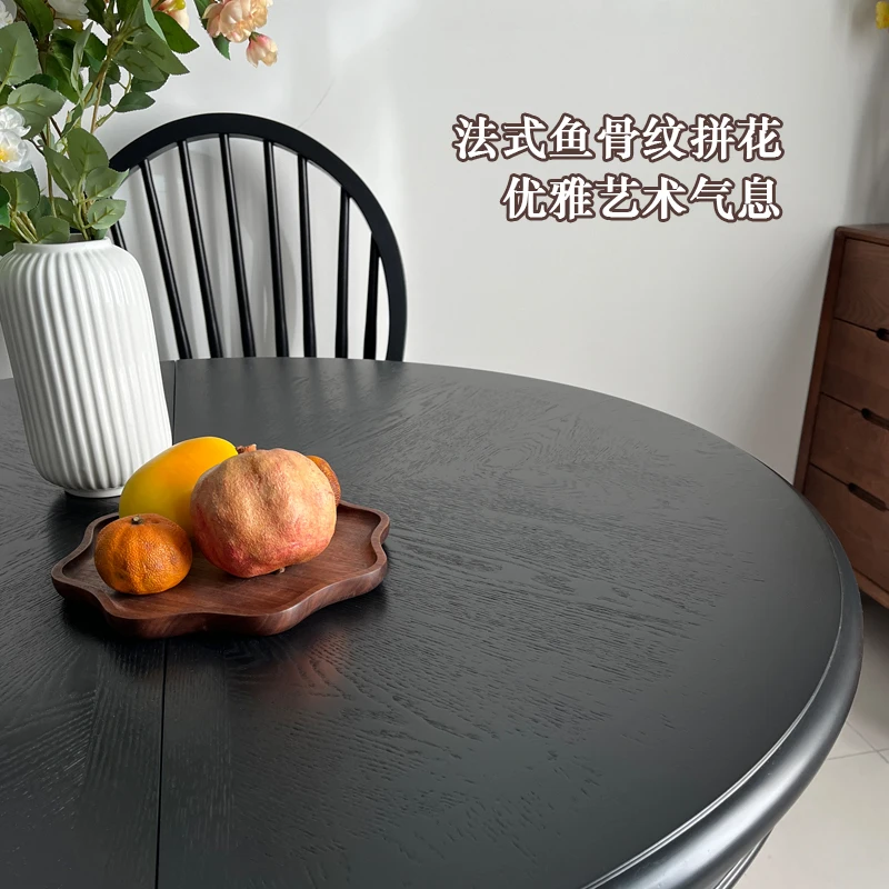 French retro round dining table black medieval round American solid wood round dining table foldable