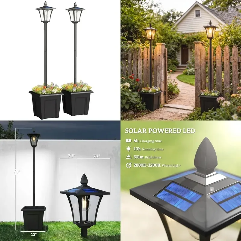 SJ2 Pack 63 Inch Waterproof LED Solar Post Lights with Planter DC Powered Garden Lamp for Terrace Outdoor Decor