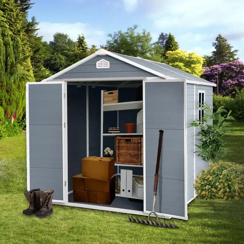 

6ft x 8ft Outdoor Resin Storage Shed with Floor and Lockable Door for Garden and Backyard, Grey