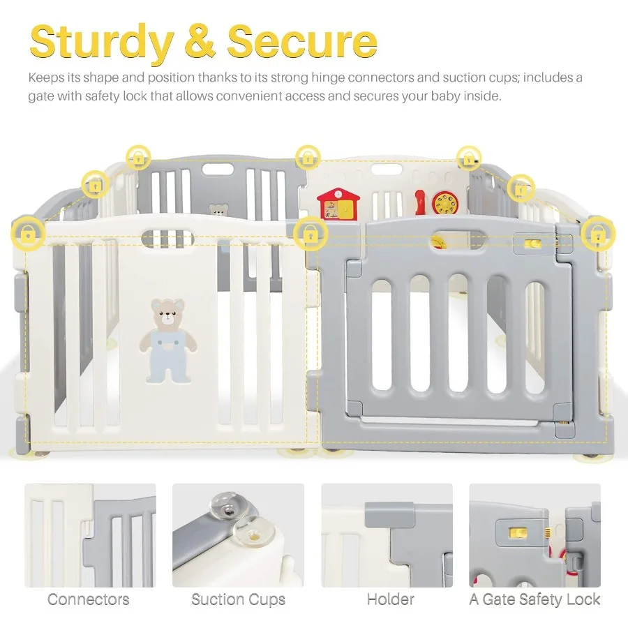 Grey - White Baby Interactive Playpen 8 Panel Safety Gate Children Play Center Child Activity Pen