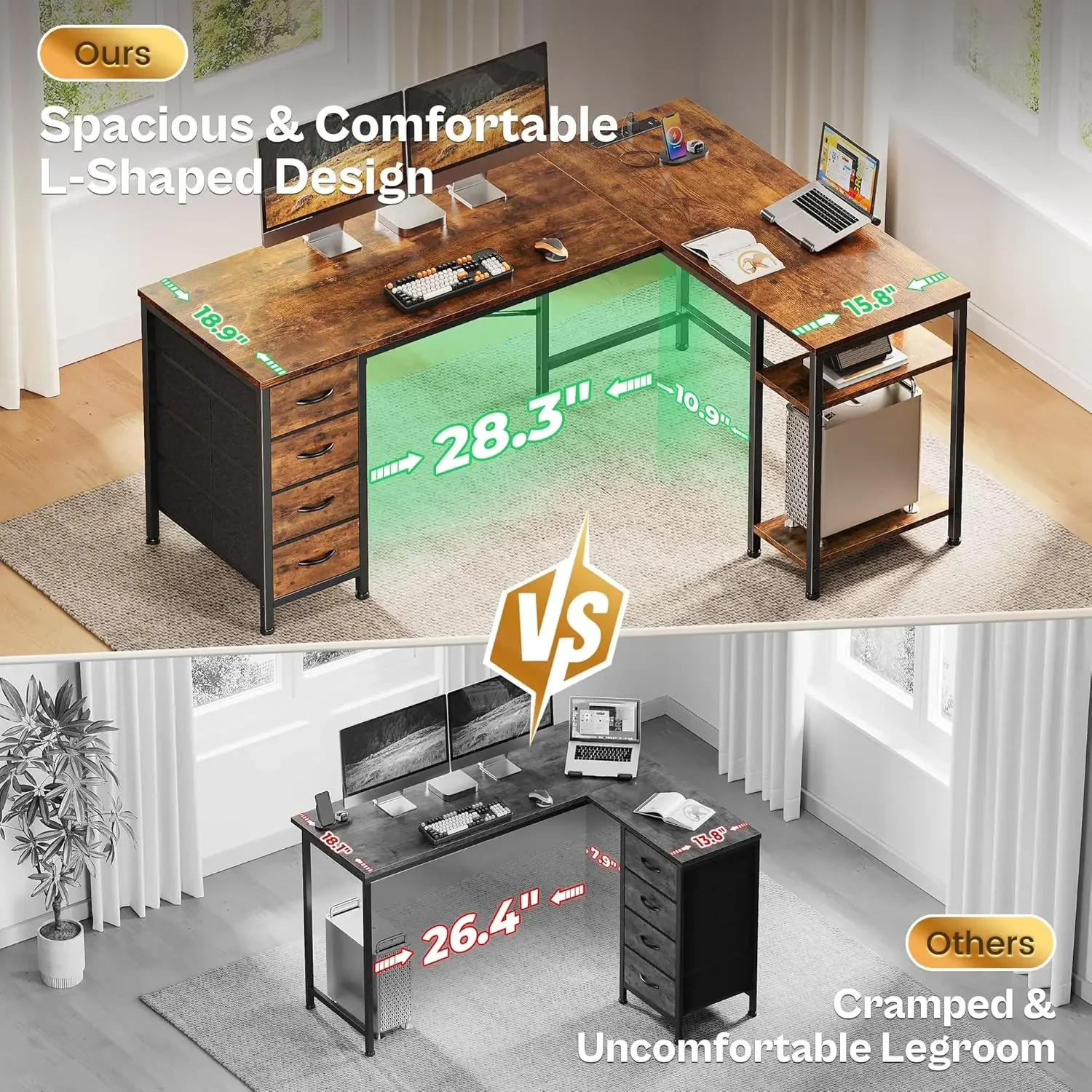 

55-дюймовый L-образный стол с тканевыми ящиками, реверсивный компьютерный игровой стол с розетками и портом USB-C, регулируемая боковая секция