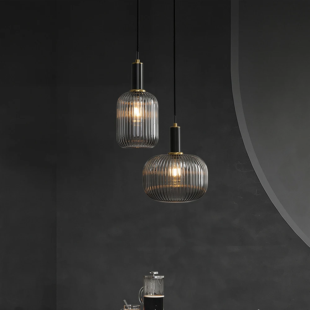 Modern Ribbed Glass Brass Pendant Light, Black Gold Metal Small Hanging Lamp, Indoor Bedroom Kitchen Island Ceiling Light