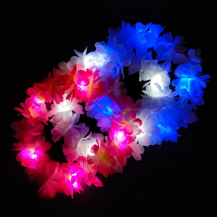 10pcs LED Hawaiian Lei Floral Headband Light Up Flower Crown Glow Wreath Headband Summer Beach Pool Wedding Party Decorations