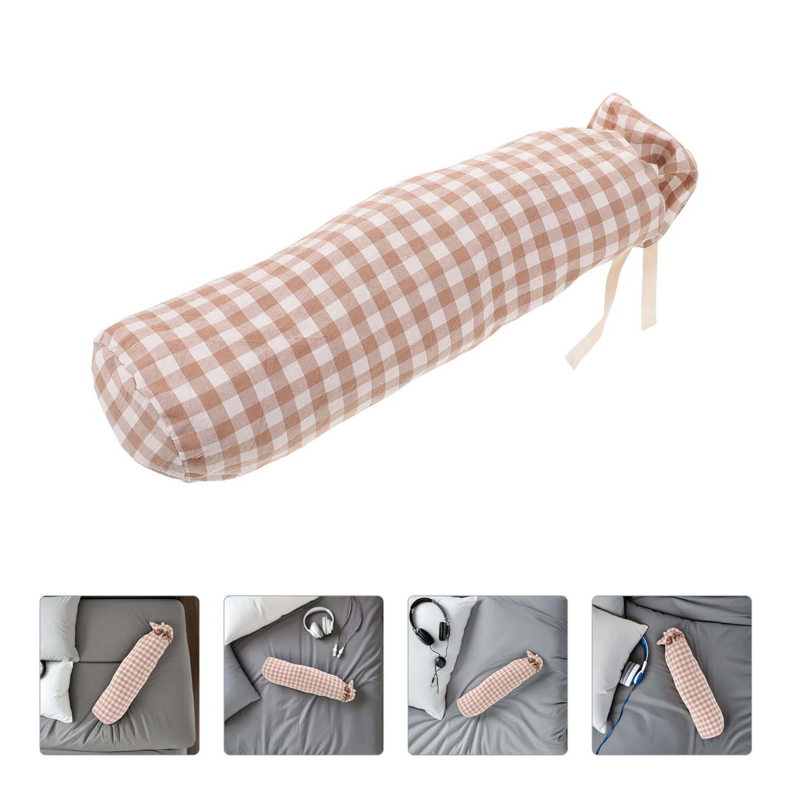 Round Cotton Neck Pillowcase Roll Pillow Cover 15.8x4in Cylindrical Pillow Cushion Cover Checked Pattern Bedroom Living Room