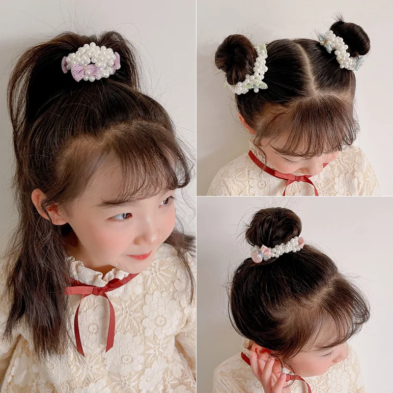 Children\'s Pearl Hair Ring Girl Sweet Bow Flower Rubber Band Scrunchies Girl All-Match Head Rope Bows Headdress