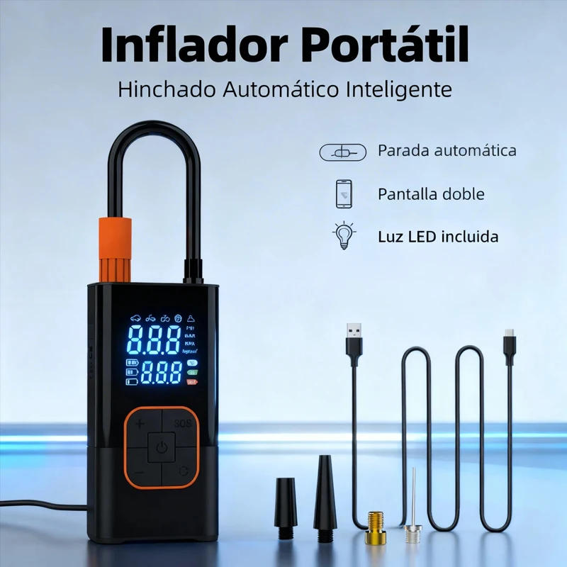 Bomba de Aire Portátil para Auto con Carga Inalámbrica, Monitor de Presión de Neumáticos, Inflador Eléctrico de Neumáticos, Compresor de Aire, Apto para Auto, Motocicleta, Bicicleta y Balones