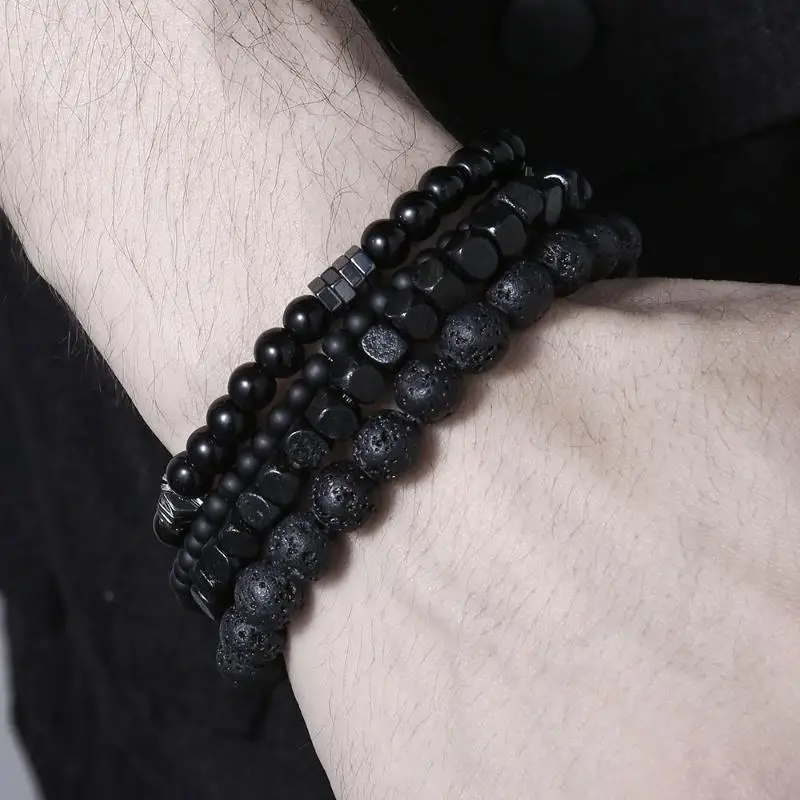 4 Stück schwarze Gallenstein-Vulkanstein-Holzperlen, mehrschichtiges elastisches Kombinationsarmband für Männer, stapelbarer Schmuck für Paare und Freunde, Geschenk. – Detail 4