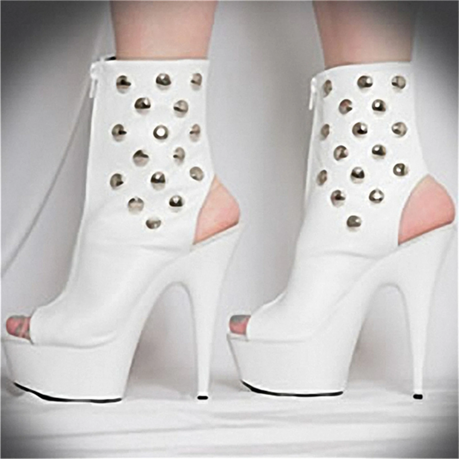 

​15CM Platform Ankle Boots White, Punk Peep Toe Heels with Studs & Open Back, Chunky Stiletto Party Shoes​