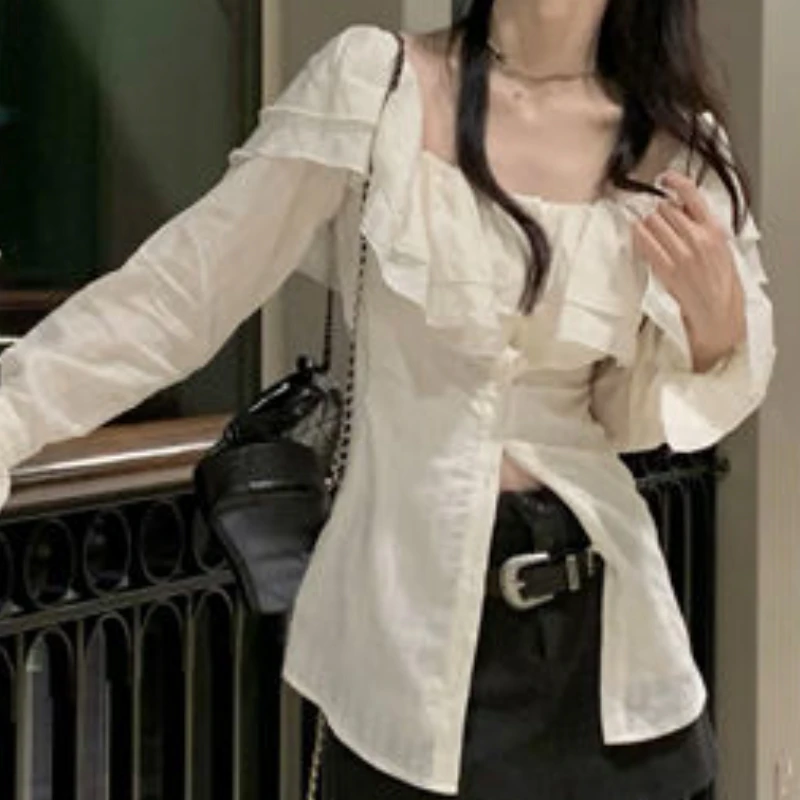 Ruffles Shirts Women Flare Sleeve Simple Fashion Slash Neck Ulzzang Solid Spring All-match Slim Casual Streetwear Cozy Female